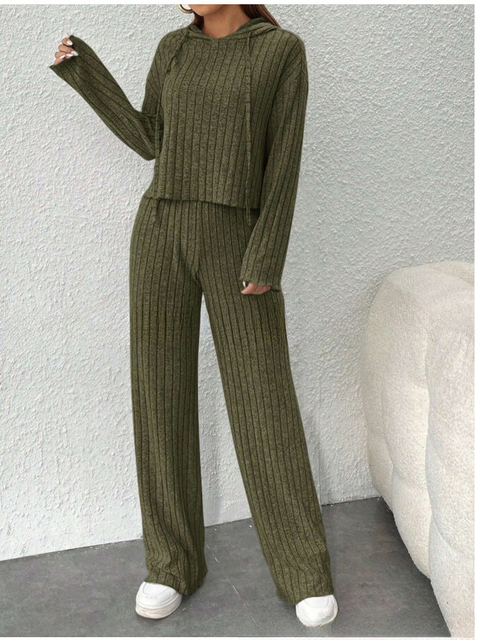 【Μπλούζα + Παντελόνι】😍Γυναικείο πλεκτό τοπ με κουκούλα και φαρδύ παντελόνι
