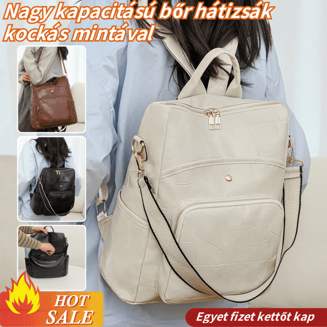 👛🌟Nagy kapacitású bőr hátizsák, kockás mintával