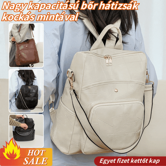 👛🌟Nagy kapacitású bőr hátizsák, kockás mintával