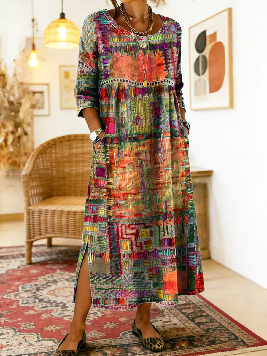 Bohém maxi ruha etnikus patchwork mintával