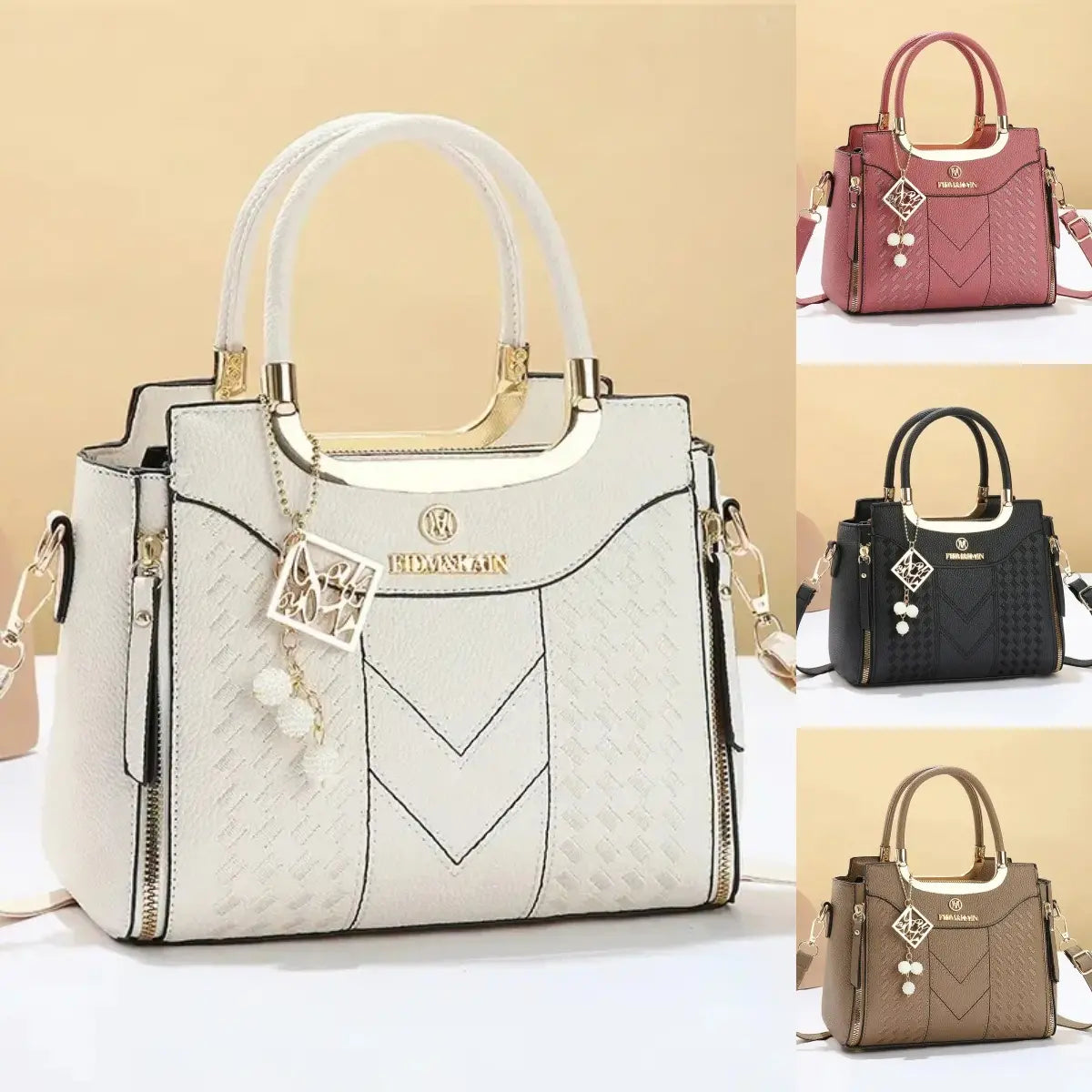 Bolso bandolera para mujer con costuras en forma de V, herrajes dorados, múltiples compartimentos y asa superior.