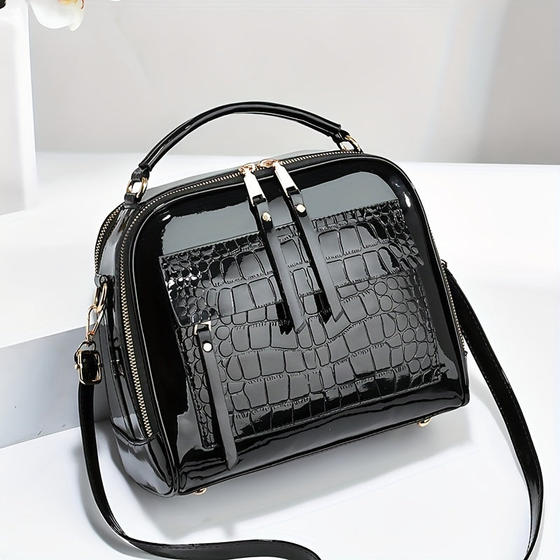 💟Geantă de mână elegantă din piele lacuită cu model crocodil, stil retro, geantă de umăr pătrată vintage, crossbody din piele artificială cu curea reglabilă pentru femei