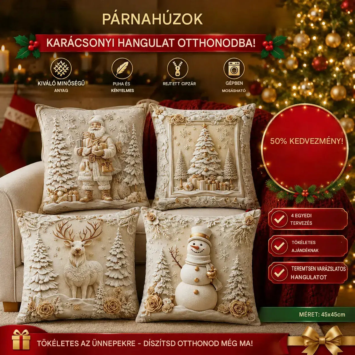 🎅Karácsonyi akció 50% kedvezmény🎄Karácsonyi témájú párnahuzat 【4 darabos szett】