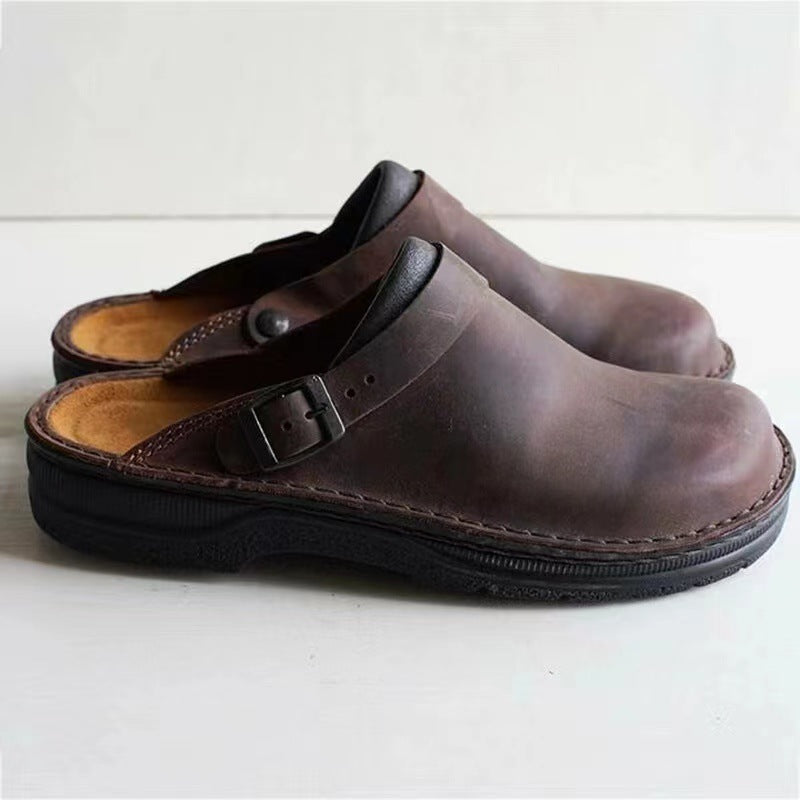【38-48】Ανδρικές Casual Δερμάτινες Παντόφλες με Στρογγυλή Μύτη και Διαπνέον Σχέδιο ✅