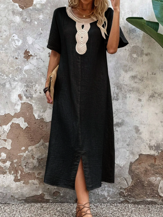 🧚‍♀️👗【50% zniżki 🔥】【S-3XL】💖Letnia duża damska sukienka z okrągłym dekoltem, koronką, krótkim rękawem, czystą bawełną i lnem, rozcięciem i luźną sukienką