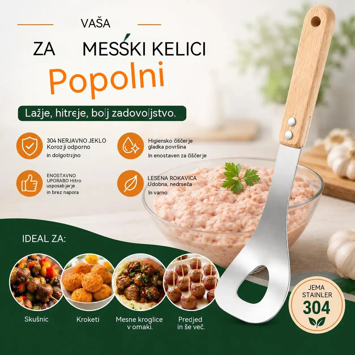 🍖 【Paket 2 kosov】Model za mesne kroglice iz nerjavečega jekla 304 – Idealen za izdelavo mesnih in ribjih kroglic, idealen za domačo kuhinjo 🥄