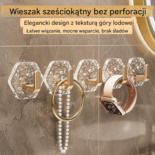 💥🏆【10 szt】Haczyki Hexagonalne Bez Wiercenia. 💎 Elegancki Design z Teksturą Iceberg – Łatwe Przyklejanie, Silne Wsparcie, Bez Śladów 🛁