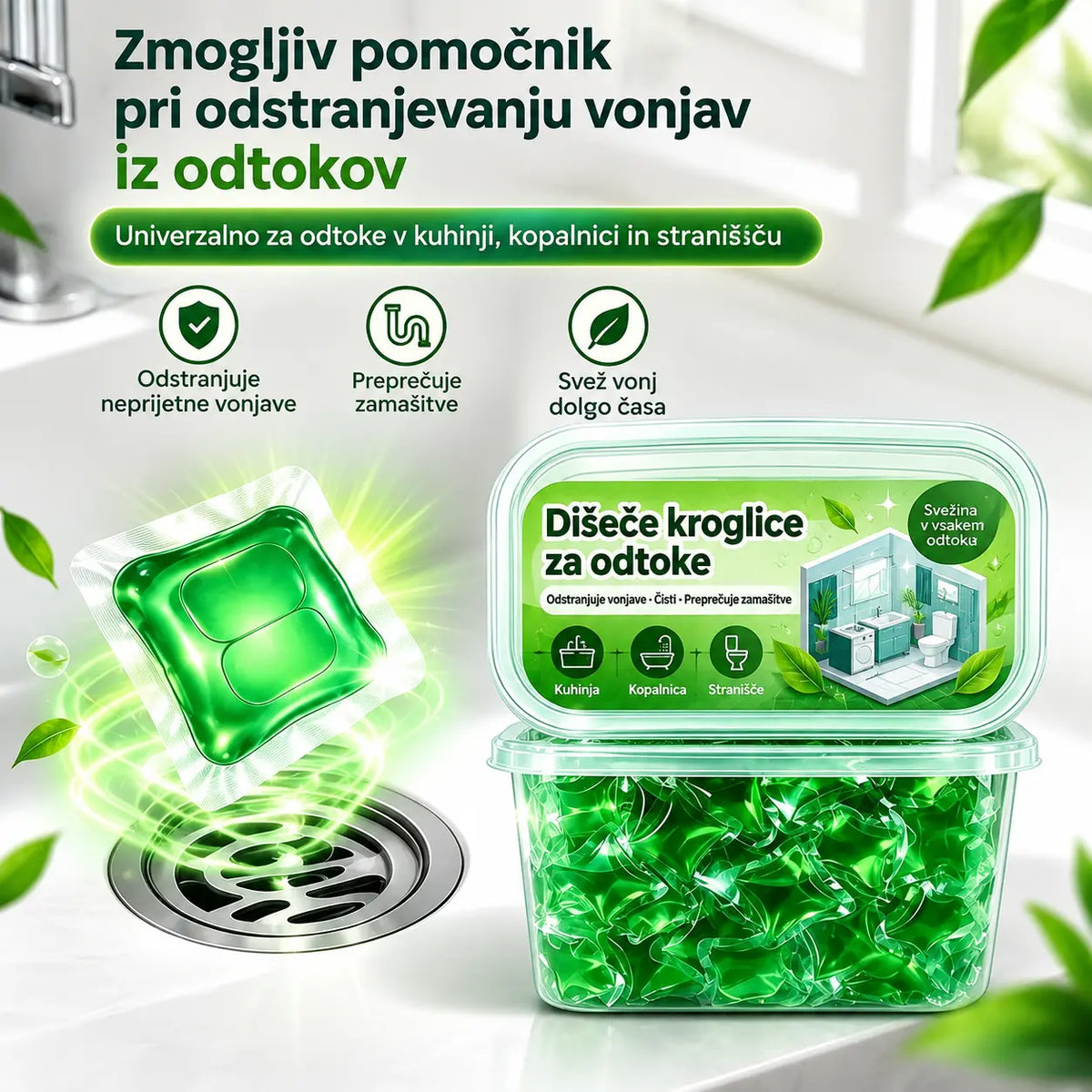 2 pakiranji (100 tablet) za 23 €. V vodi topne kapsule za odpravljanje neprijetnih vonjav iz odtokov – odlična rešitev za preprečevanje širjenja vonjav v kopalnicah in kuhinjah.