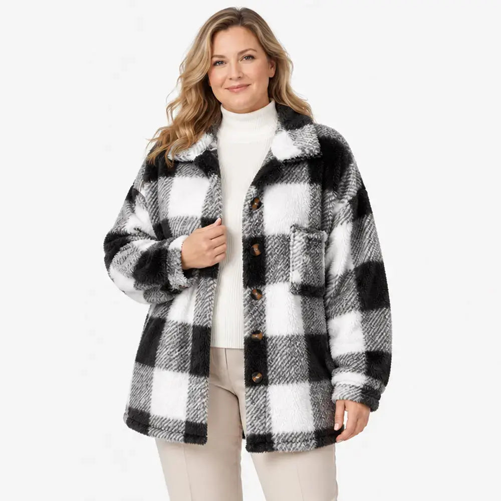 🧥【S–5XL】Ženski karirasti plašč iz umetnega krzna – podložen, ohlapnega kroja, toplo vrhnje oblačilo za jesen in zimo 🥰