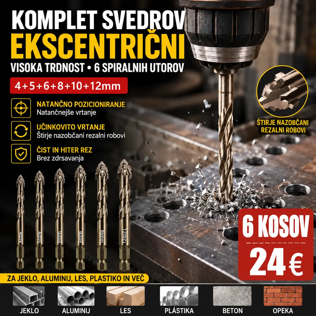 🛠🛠【6-delni komplet, 26 evrov】【4+5+6+8+10+12 mm】Komplet težkih 6-režnih svedrov