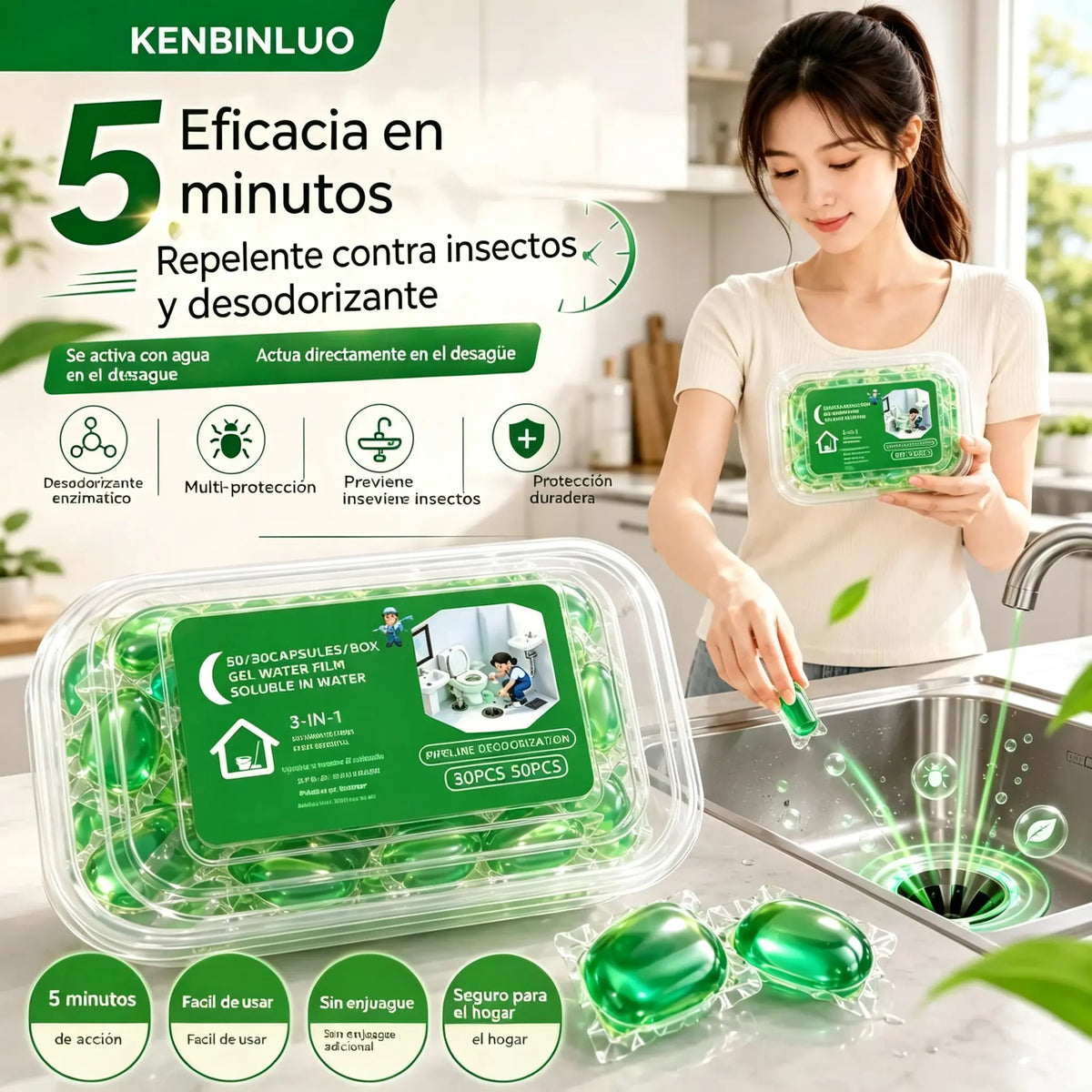 2 paquetes (100 comprimidos) 👍Cápsulas solubles en agua para eliminar olores de desagües: la solución perfecta para prevenir la propagación de olores en baños y cocinas.