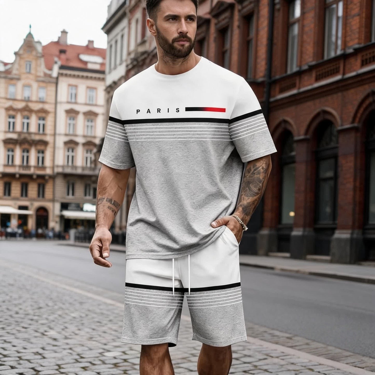 【S-6XL】Férfi lezser, kényelmes, betűmintás rövid ujjú és rövidnadrág szett