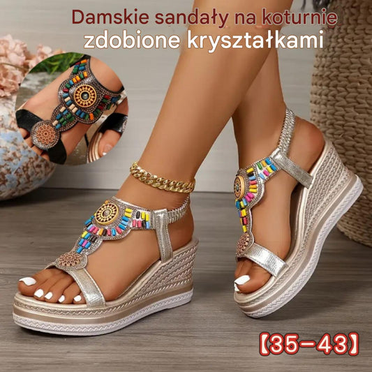 💖【35-43】✨Sandały damskie skórzane na platformie z gumką z koralikami🔥