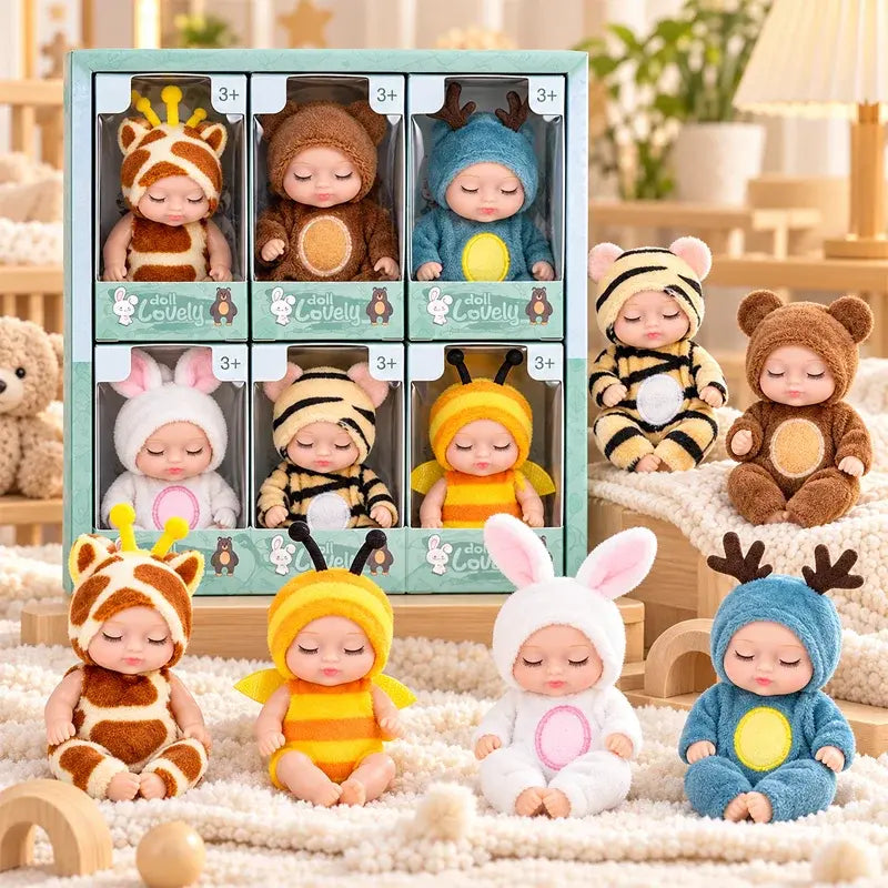 👶 Reborn babajáték-ajándékszett – Állatjelmezes pólyában! Imádnivaló, alvó babaarcok · 6 babából álló készlet díszdobozban · Tökéletes ajándék gyerekeknek!