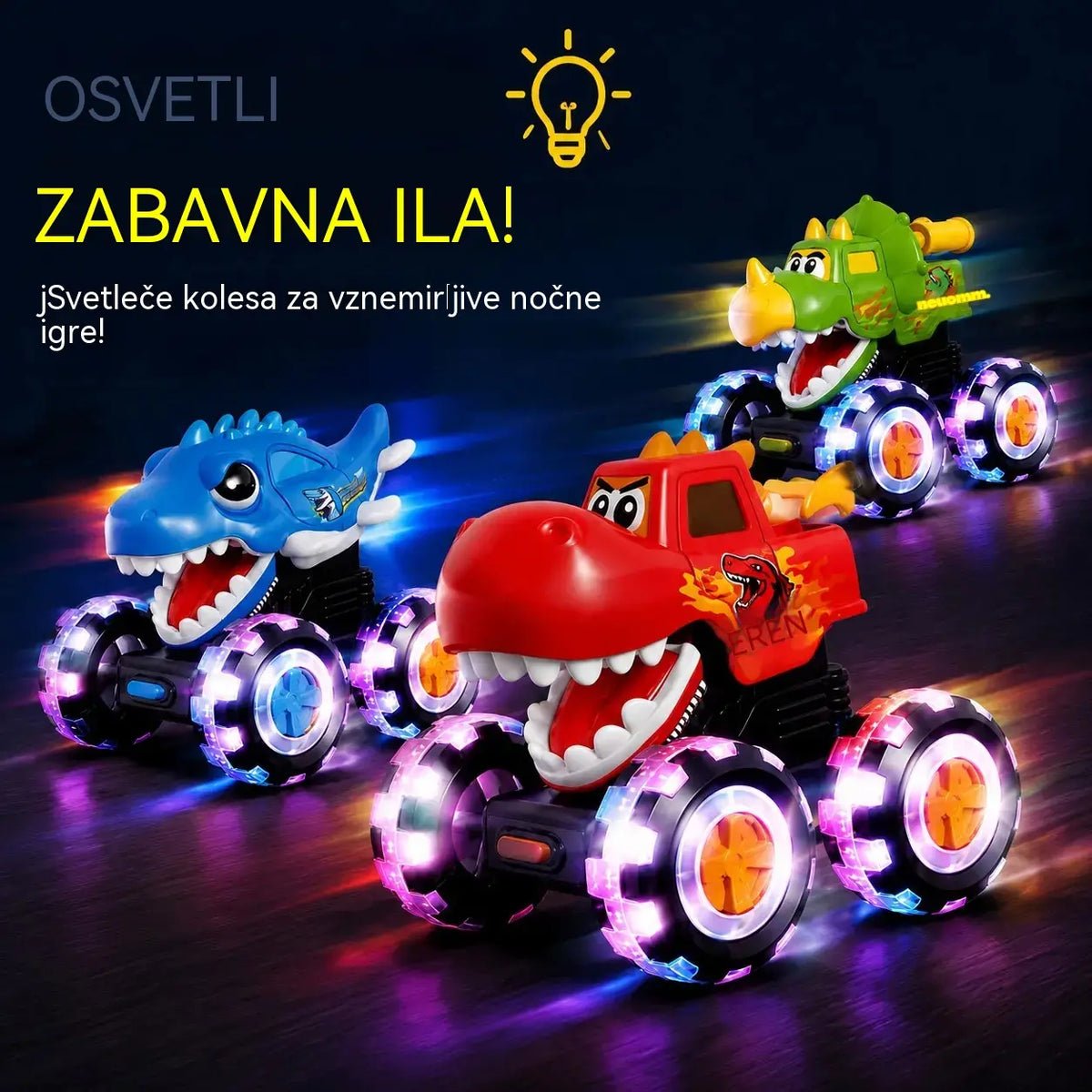 🦖🚗 Avtomobil dinozavrov s pritiskom za zagon: Z rahlim pritiskom se odpelje, spremljajo ga utripajoče luči in smešno rjovenje ✨🎮