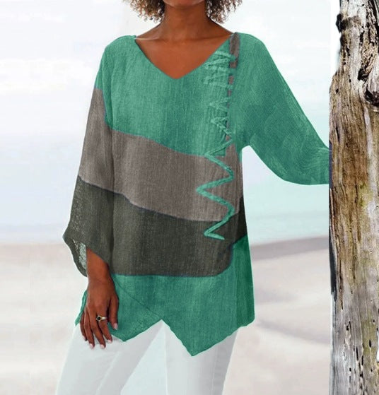 🔥Hit Sprzedaży 【Rabat 50%】😍【S~5XL】Damski elegancki sweter codzienny z dekoltem w seryjkę V, długim rękawem, artystycznym wzorem i nadrukiem