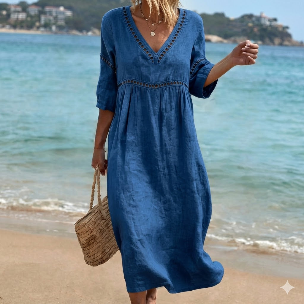👗【S-3XL】Φόρεμα από βαμβάκι και λινό σε καλοκαιρινή μόδα - Σχέδιο με λαιμόκοψη V, αναπνεύσιμο και άνετο, λεπτό και κολακευτικό